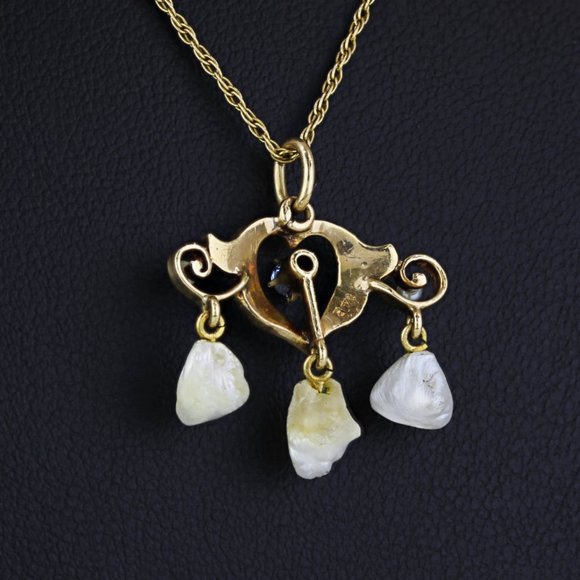 Antique Edwardian 14k Gold Sapphire + Pearl Heart Pendant Necklace (c.1900) - Picture 3 of 9